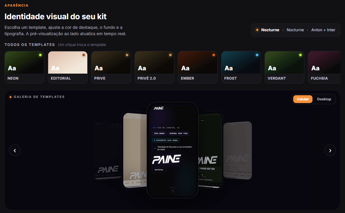 Galeria de templates do Presskitei com pré-visualização do press kit em um celular.