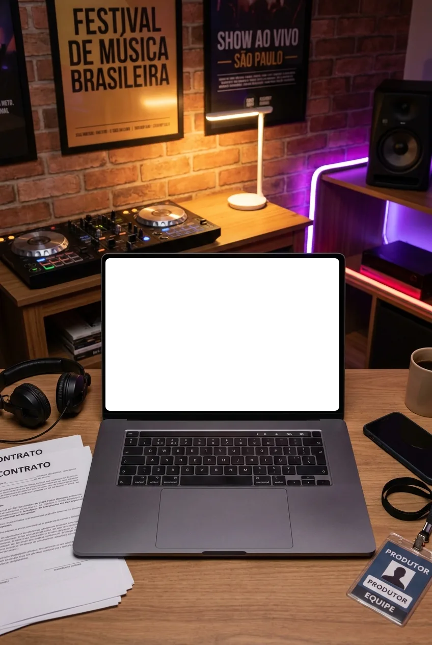 Mesa de produtor à noite, na luz roxa do club: um laptop aberto de frente com o press kit publicado rolando na tela.
